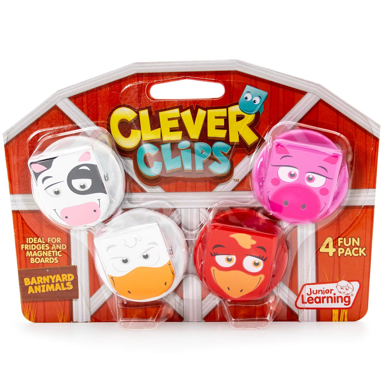 Junior Learning: Clever Clips - Barnyard Animals - 4pc Fun Pack, Strong Magnetic Hold, Fun Farm Character Faces, Fridge-Home-School, Kids Supplies